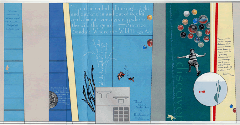 Feature Wall details include stripes of color, graphics, quotes, and aquarium.